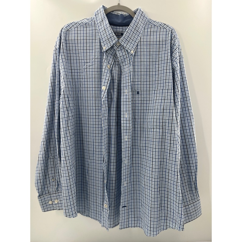 IZOD Mens 2XL Blue White Plaid Long Sleeve Button Down Shirt Regular Fit 1699